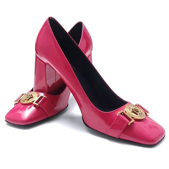 Versace Vernice Pink Leather Gold Medusa Heeled Pumps Shoes US 7 IT 37